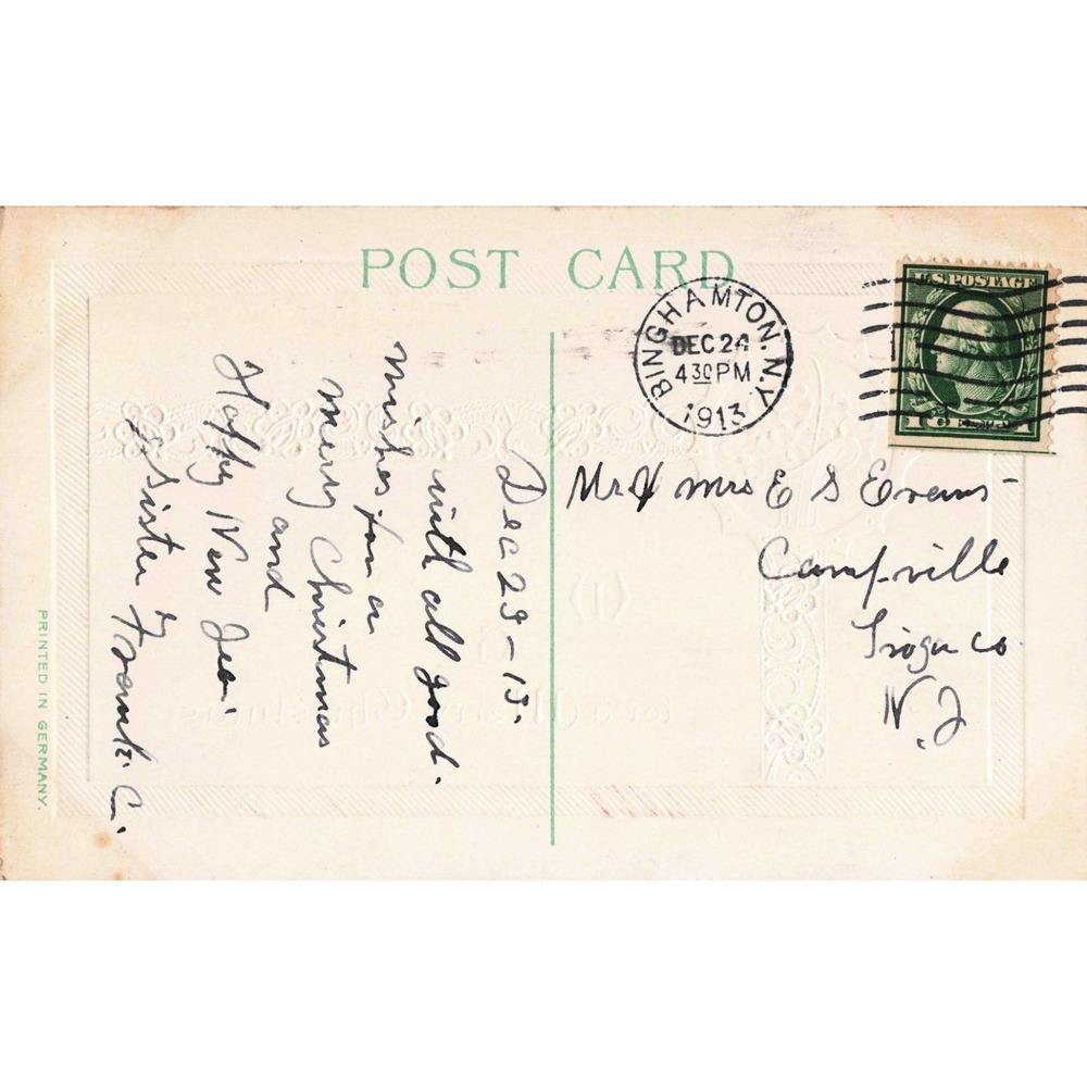 Antique 1913 Christmas Postcard Embossed Clover Basket Campville NY Postmark - Picture 2 of 2